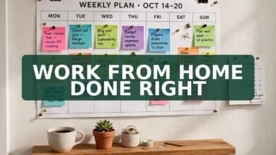 Woman working remotely from a bright café window seat with laptop and coffee — remote work tips UK