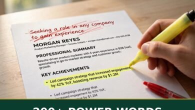 Resume with highlighted action verbs and 200+ POWER WORDS banner