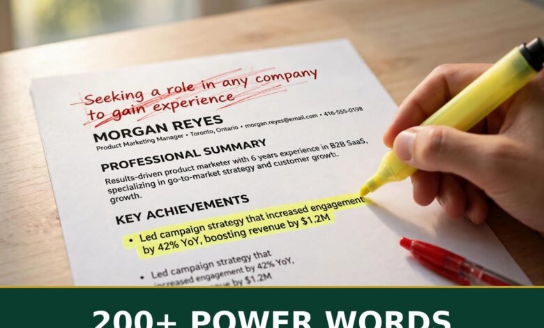 Resume with highlighted action verbs and 200+ POWER WORDS banner
