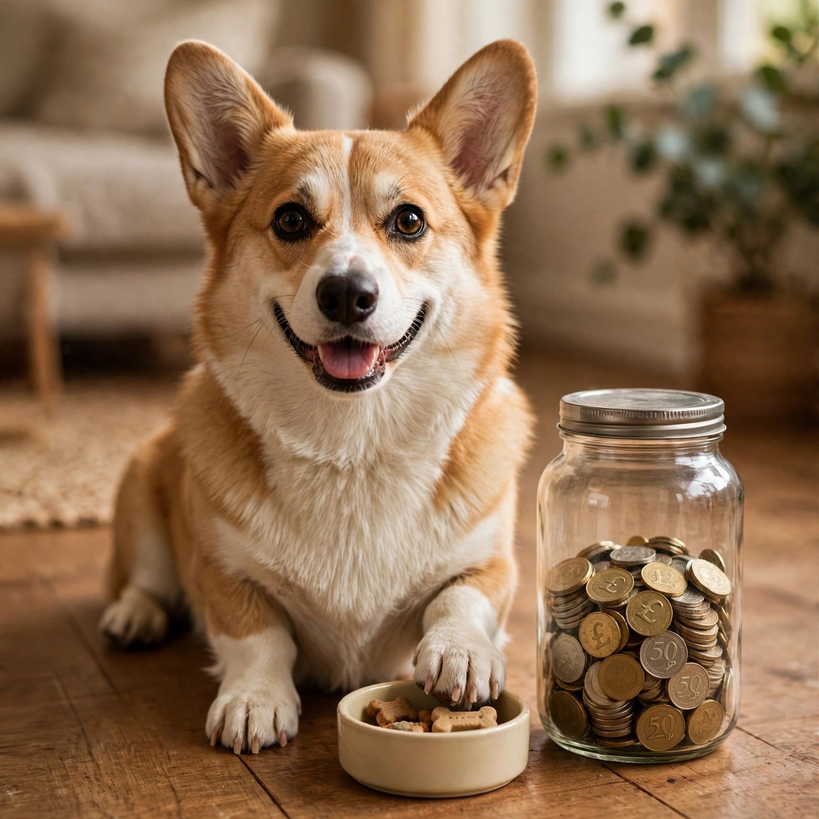 Corgi financial planner with savings jar of pound coins and treat bowl