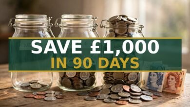Three glass savings jars labeled week 1, week 6 and week 12 filling with pound coins — how to save £1000 in 3 months uk