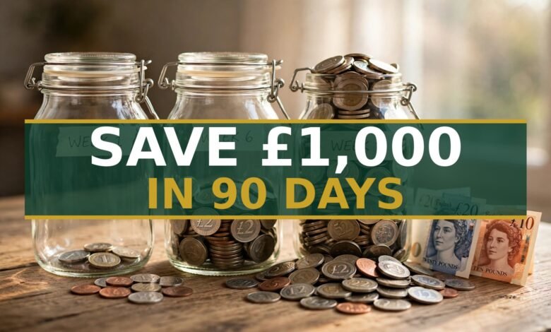 Three glass savings jars labeled week 1, week 6 and week 12 filling with pound coins — how to save £1000 in 3 months uk