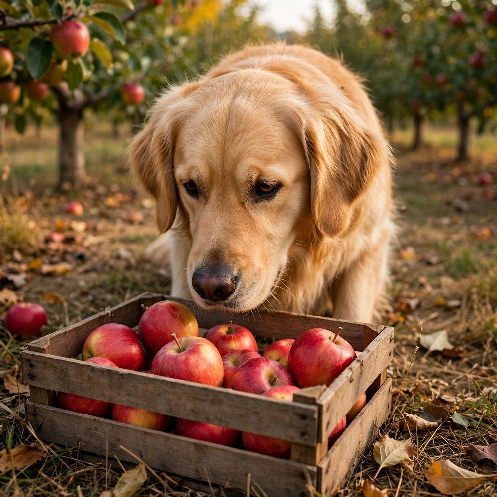 Golden retriever sniffing a crate of apples in an orchard