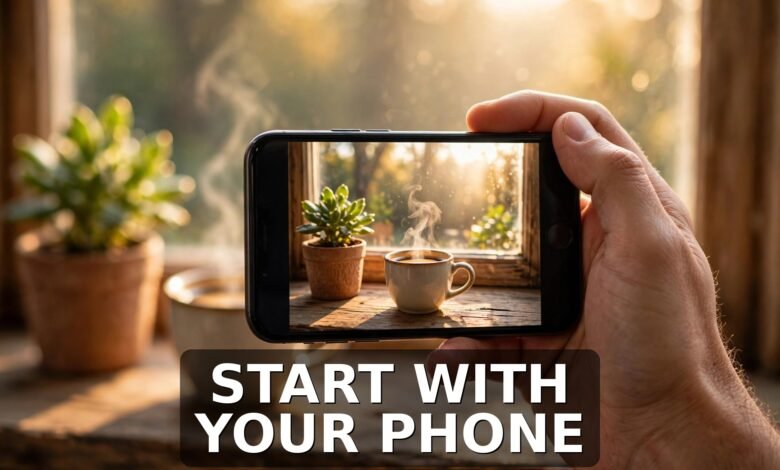 Hand holding smartphone photographing morning coffee and plant - how to sell stock photos online for beginners