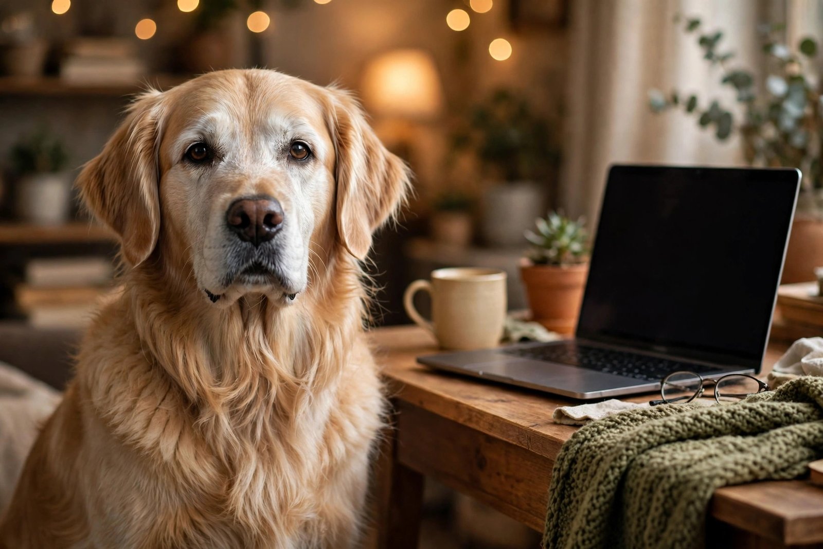Senior golden retriever at a home desk
