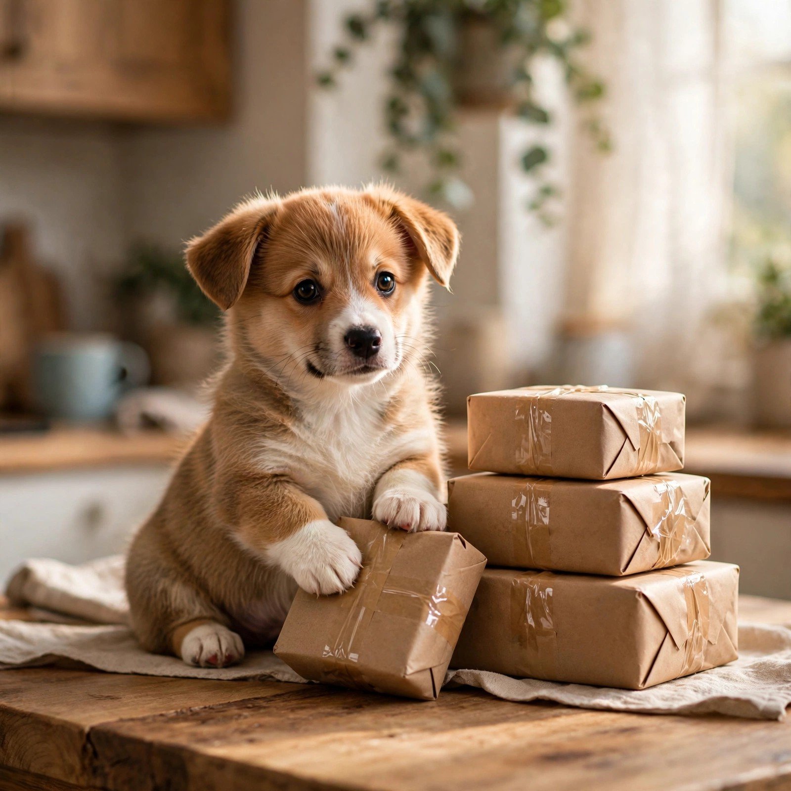 Corgi puppy helping pack parcels for a side hustle