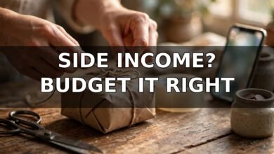 How to budget side hustle income in the UK — hands wrapping a parcel, SIDE INCOME? BUDGET IT RIGHT