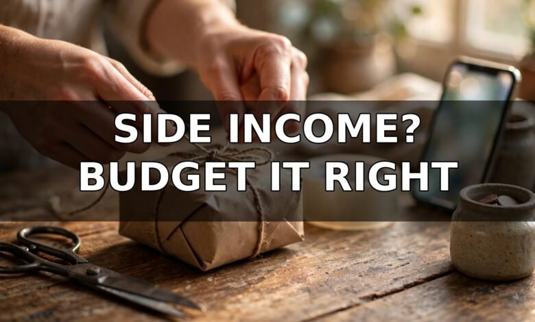 How to budget side hustle income in the UK — hands wrapping a parcel, SIDE INCOME? BUDGET IT RIGHT