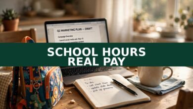 Remote jobs for single parents 2026 — laptop, child's backpack and coffee on a sunlit kitchen table; overlay text reads School Hours, Real Pay