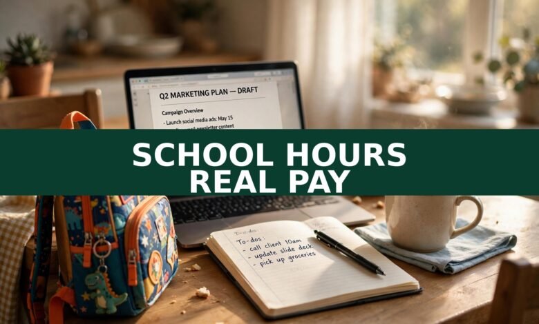 Remote jobs for single parents 2026 — laptop, child's backpack and coffee on a sunlit kitchen table; overlay text reads School Hours, Real Pay