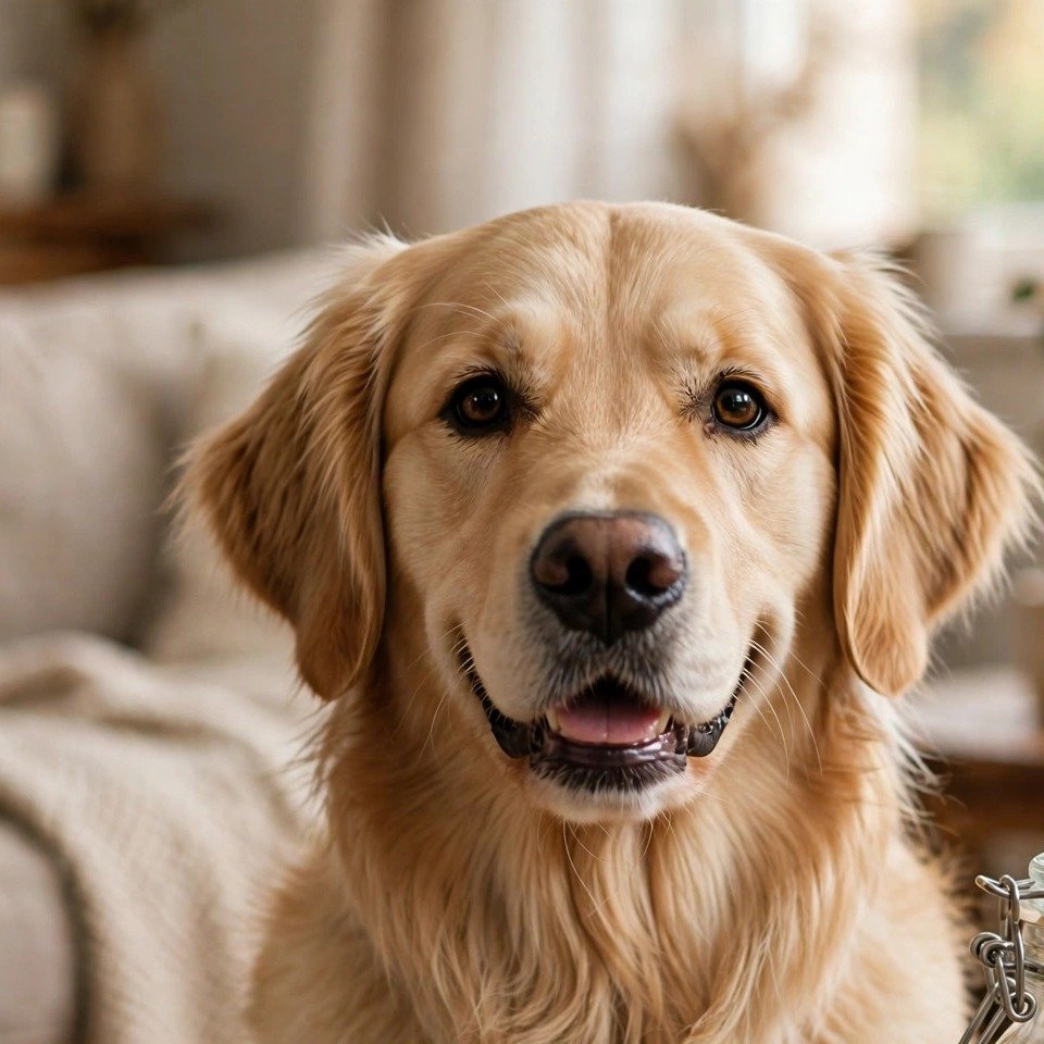Golden retriever next to a labeled vet bills savings jar