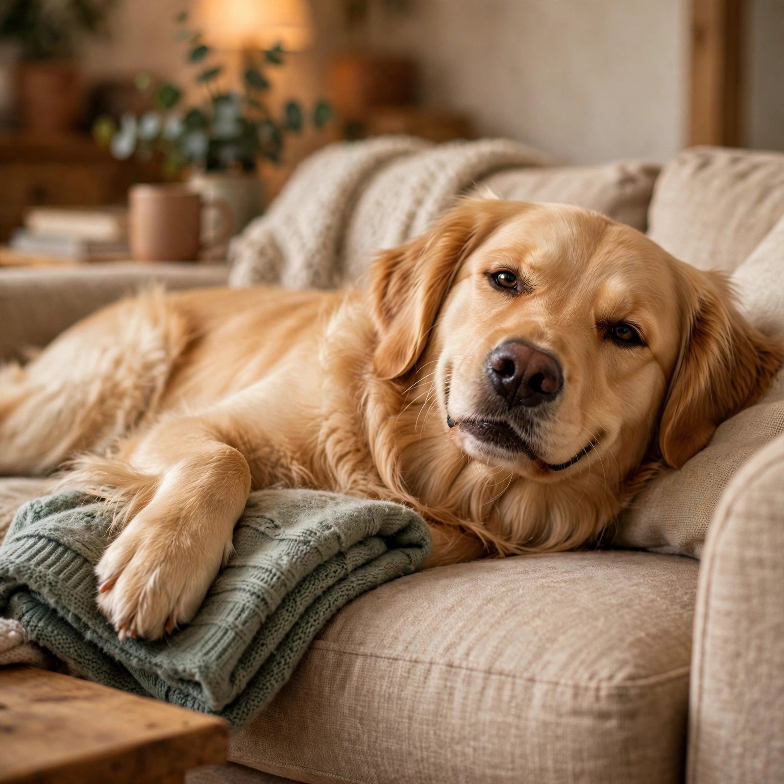 Golden retriever sprawled across a shared couch