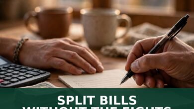 Two hands splitting monthly bills at a kitchen table — SPLIT BILLS WITHOUT THE FIGHTS