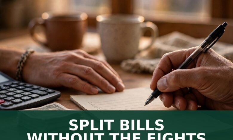 Two hands splitting monthly bills at a kitchen table — SPLIT BILLS WITHOUT THE FIGHTS