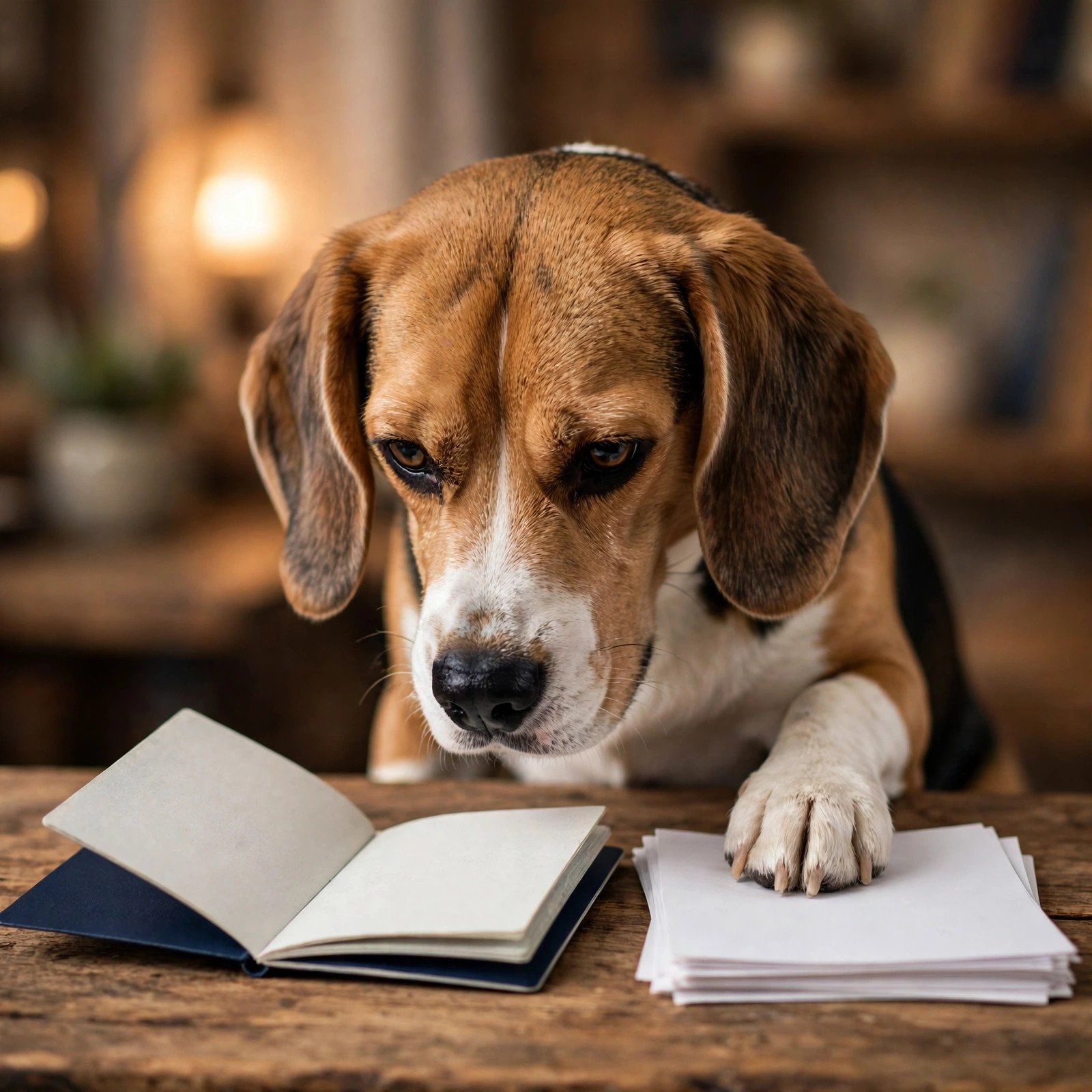 Beagle sniffing documents like a detective checking UK visa sponsors