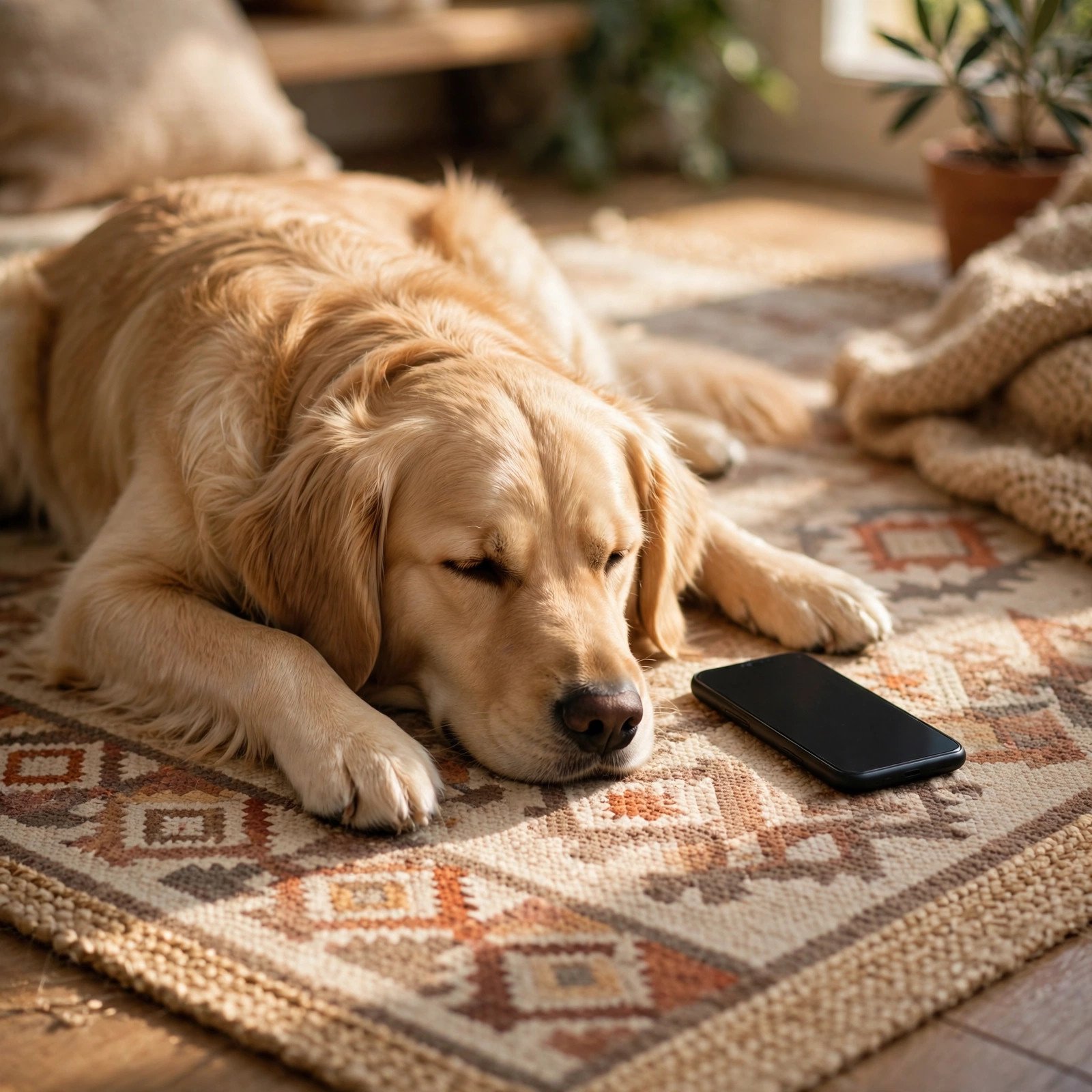 Golden retriever resting beside a phone