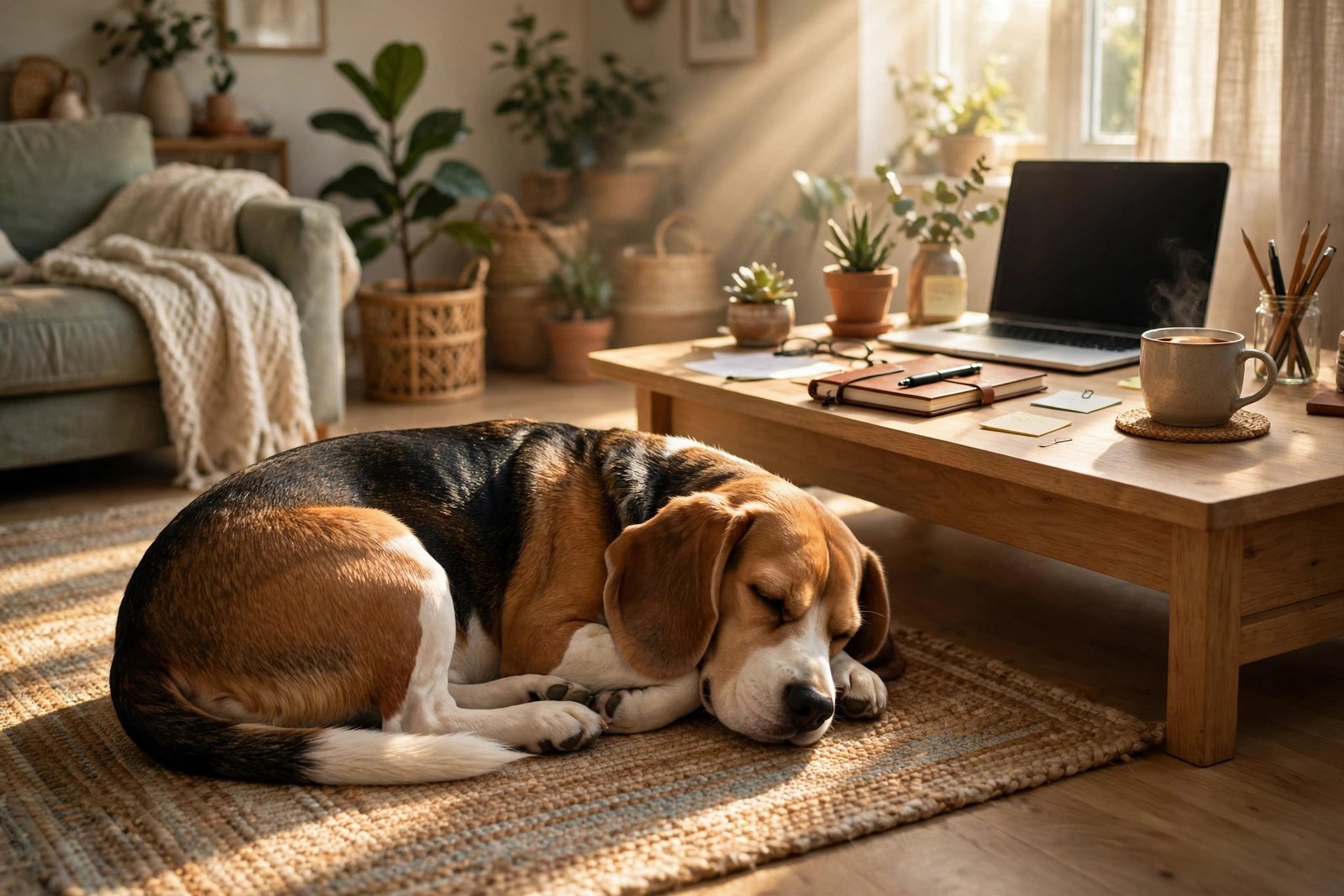 Beagle dog napping in a sunbeam beside a home office desk
