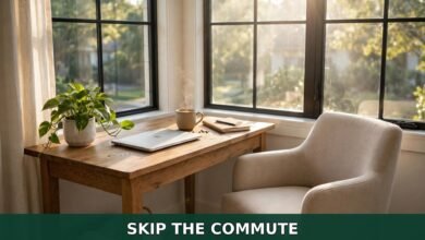 Sunlit home office desk by a window — telecommuting benefits 2026