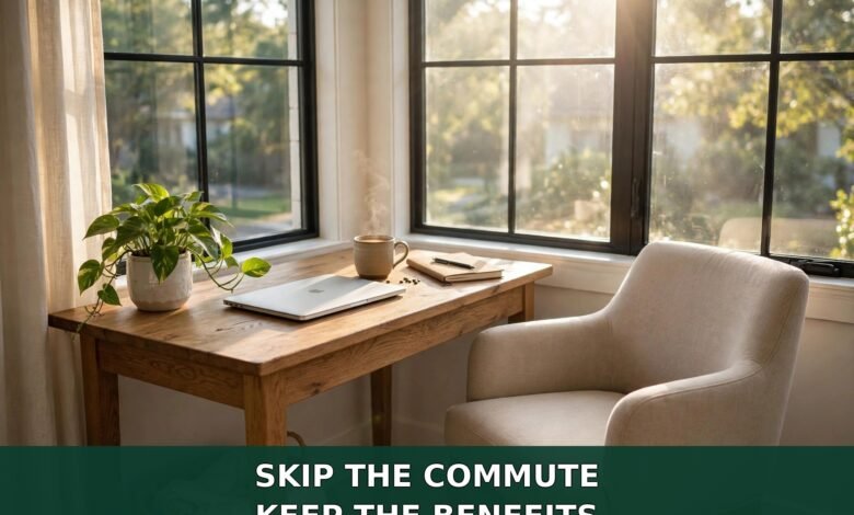Sunlit home office desk by a window — telecommuting benefits 2026