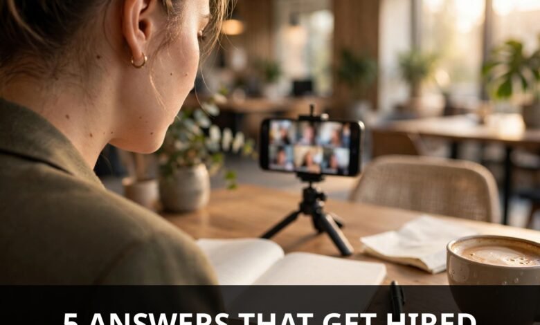 Woman preparing for a video interview with 60-second intro notes — tell me about yourself sample answer 2026