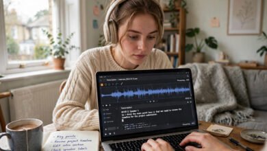 Woman transcribing audio online from home in the UK with headphones and laptop