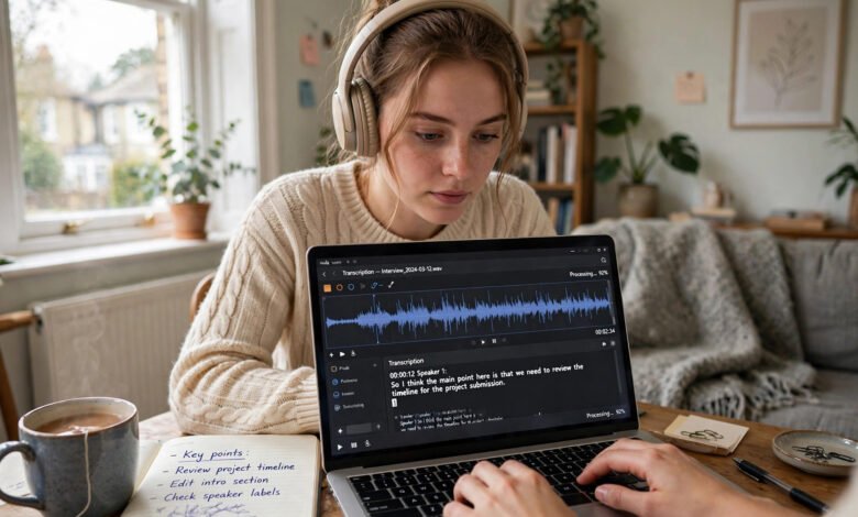 Woman transcribing audio online from home in the UK with headphones and laptop