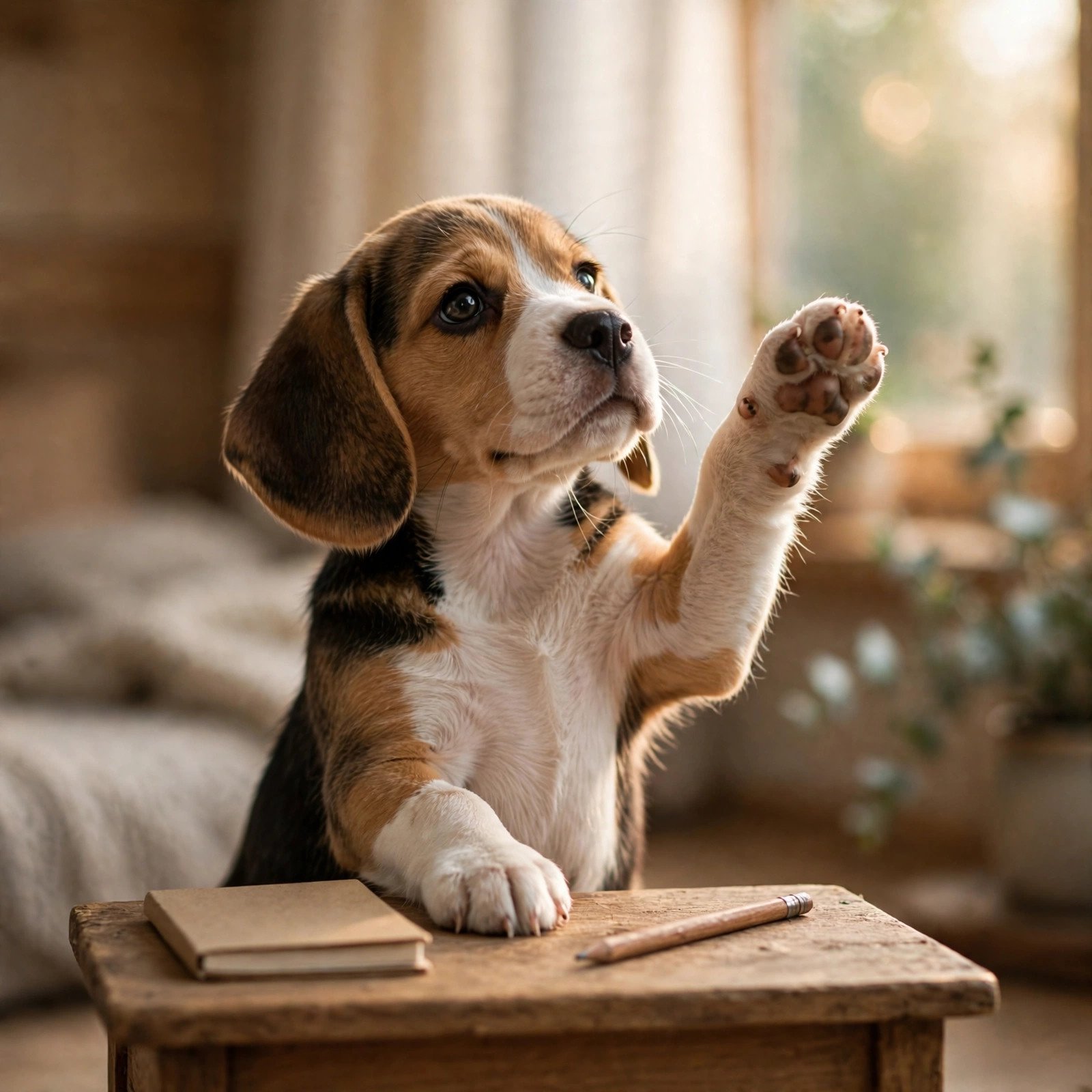 Beagle puppy raising a paw like an eager student