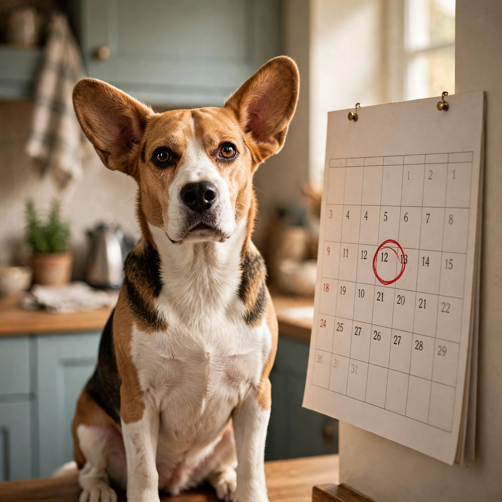 Beagle sitting beside a wall calendar with the payment date circled in red