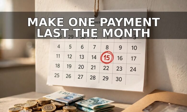 Wall calendar with Universal Credit payment date circled in red, pound coins and banknotes