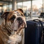 British bulldog sitting beside a suitcase at an airport, watching like a strict immigration officer