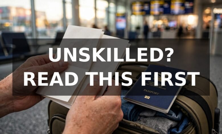 Hands holding UK visa sponsor paperwork and a passport at an airport — unskilled UK visa sponsorship jobs 2026 honest guide