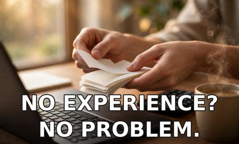 Virtual bookkeeper working from home in the UK with no experience - hands sorting receipts over a laptop with calculator and coffee