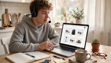 Beginner testing a website from home in the USA on a laptop with headset