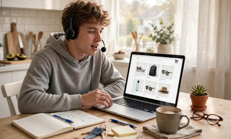 Beginner testing a website from home in the USA on a laptop with headset