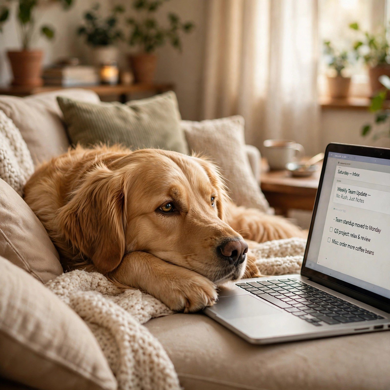 Golden retriever relaxing by a laptop on a lazy Saturday morning - Furveko pet guides