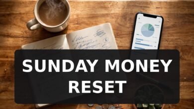 Weekly money reset routine flat lay with coffee notebook and phone