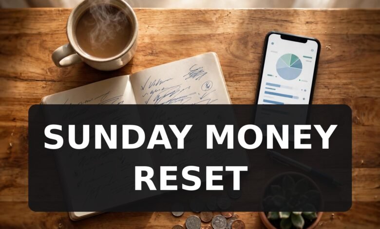 Weekly money reset routine flat lay with coffee notebook and phone