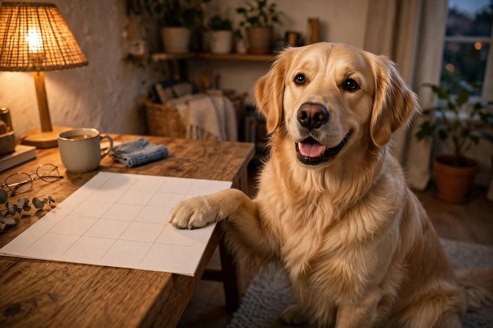 Golden retriever with a paw on a weekly wall calendar