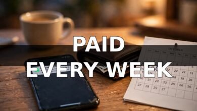 Phone showing a weekly payment notification beside a wallet and calendar — remote jobs that pay weekly 2026