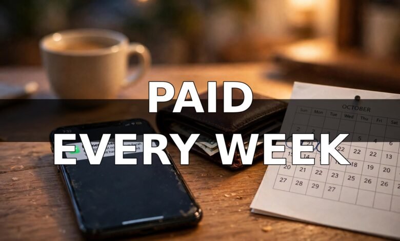 Phone showing a weekly payment notification beside a wallet and calendar — remote jobs that pay weekly 2026
