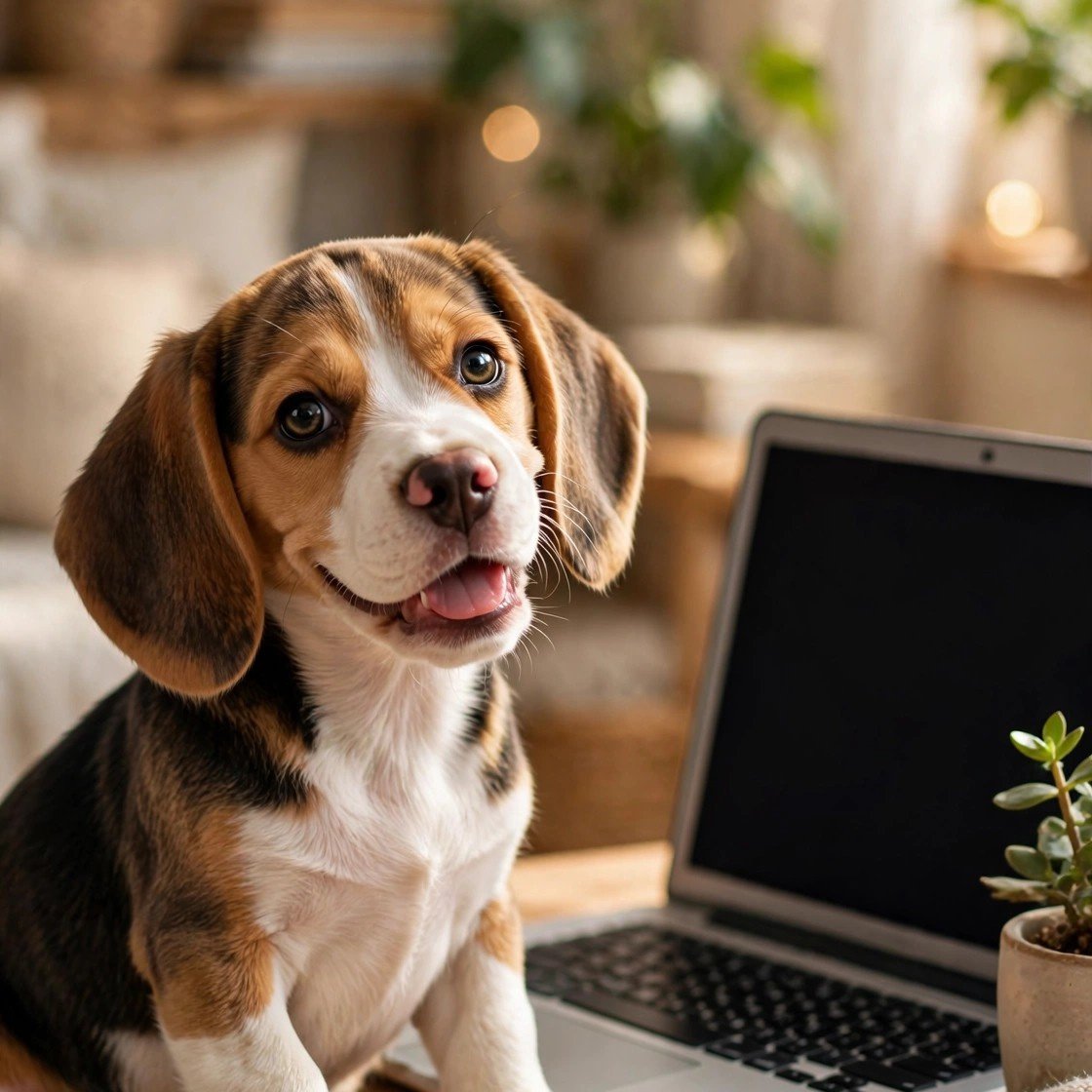 Beagle puppy sitting by a laptop on your first work-from-home day