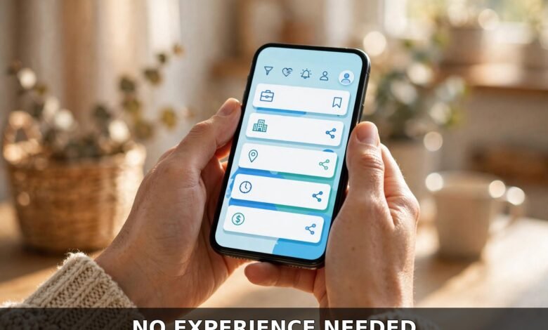 Work from home jobs with no experience — phone showing job listings, NO EXPERIENCE NEEDED