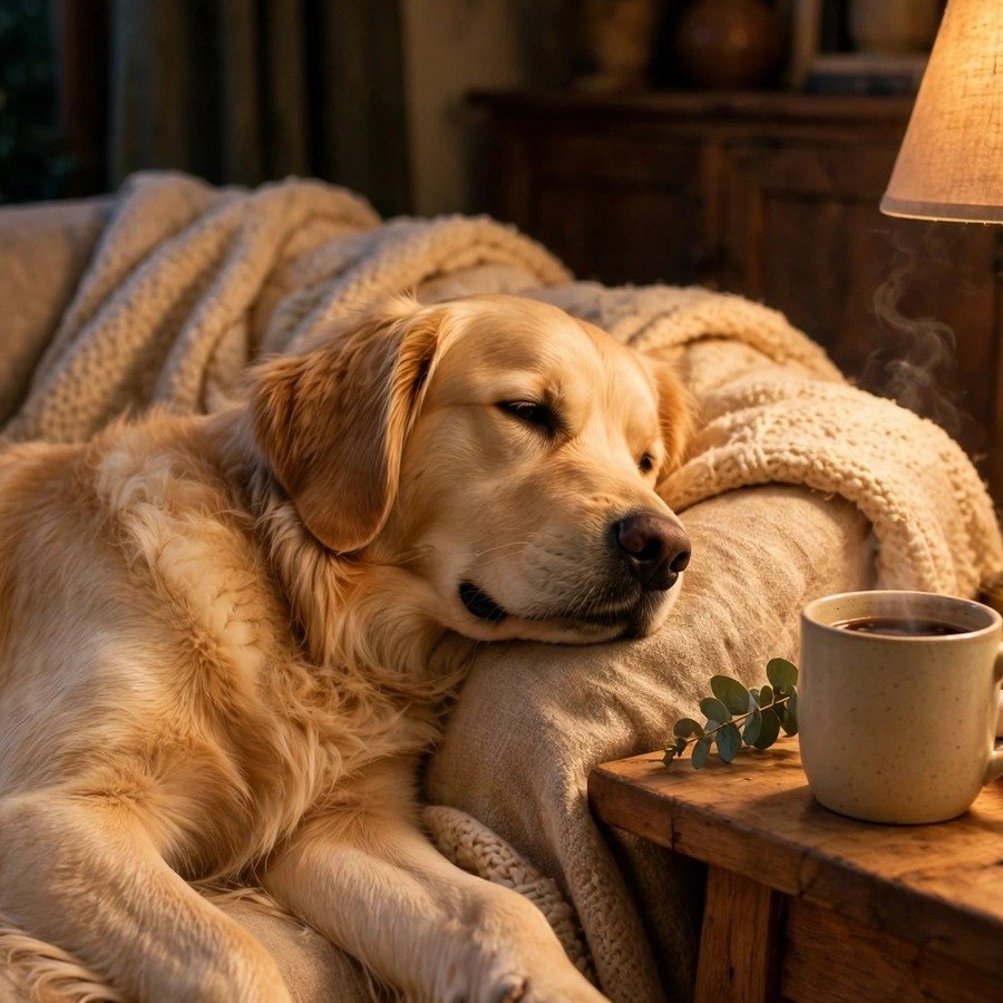 Golden retriever lounging on a couch in warm evening light like it just clocked out from work