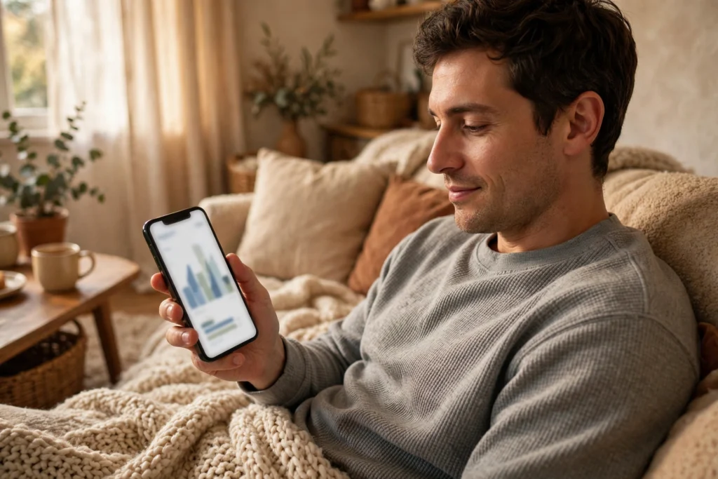 Person on a couch checking smartphone screen time statistics