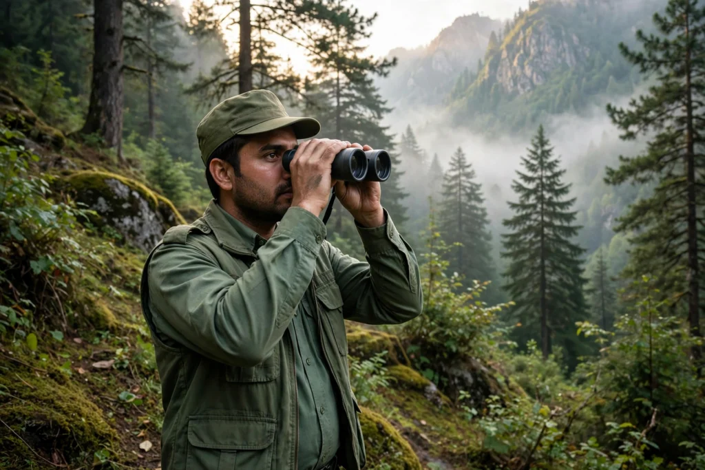 Wildlife ranger with binoculars in a mountain forest