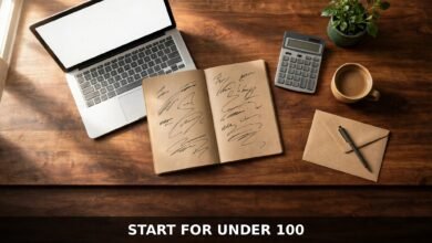 Work from home business ideas - laptop with business plan notes and coffee on home desk