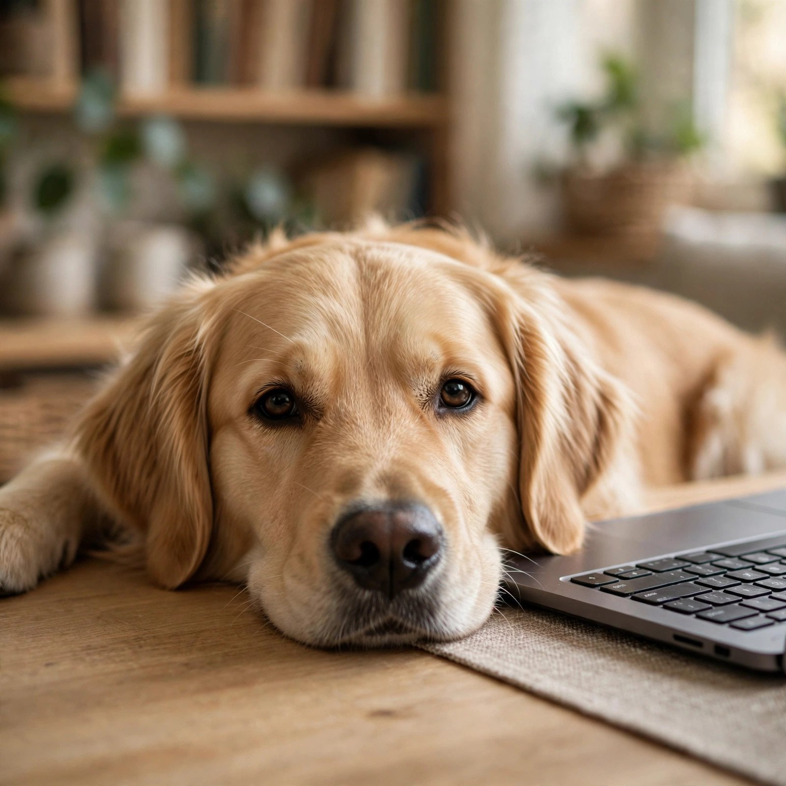 Golden retriever resting beside laptop while mom works from home