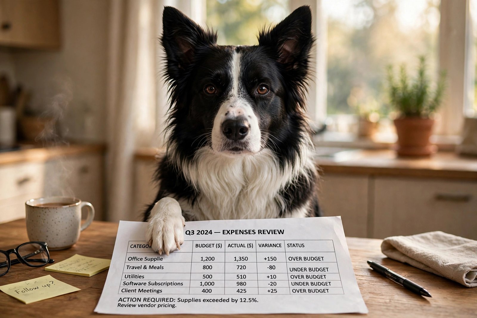 Border collie auditing a budget spreadsheet