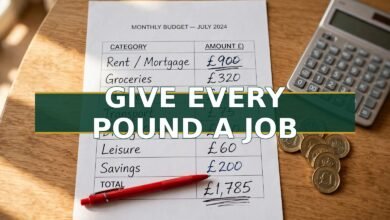 Printed monthly budget sheet with handwritten pound amounts, red pen, calculator and pound coins — zero-based budgeting UK beginner's guide