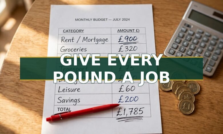 Printed monthly budget sheet with handwritten pound amounts, red pen, calculator and pound coins — zero-based budgeting UK beginner's guide